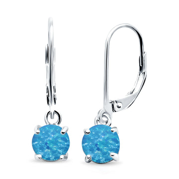 Round Lab Created Blue Opal Leverback Earrings 925 Sterling Silver (25.4mm)